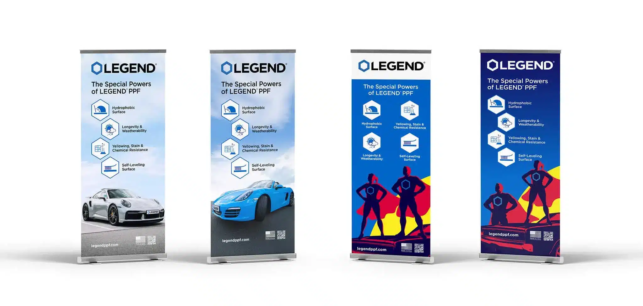 Porsche and Heroes featured in LEGEND Marketing Materials rollup poster, highlighting innovation and excellence