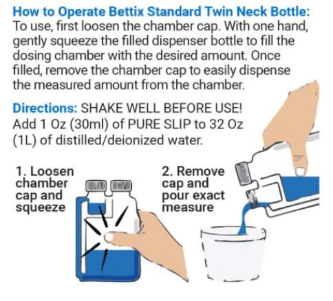 PURE SLIP Bettix twin-neck bottle measuring and dispensing instructions